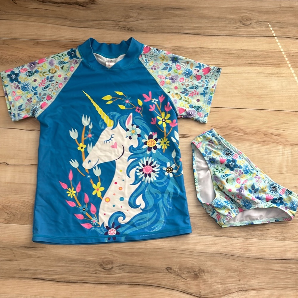 Sunshine Swing Girls Size 10 Unicorn Floral 2 Piece Swim Suit. Swim Shirt